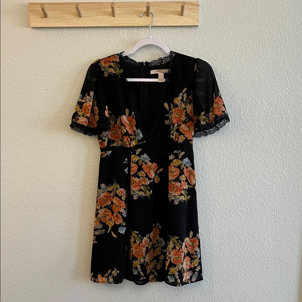 Forever 21 Black Floral Lace-Trim Mini Dress with Orange Blooms